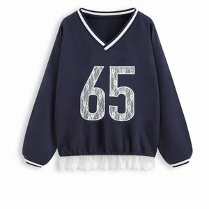 Cider Navy V-Neck Sweatshirt with White Lace '65' Applique